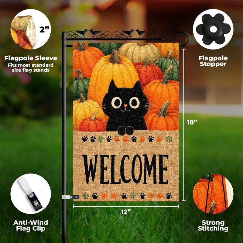 KarvePro Welcome Halloween Garden Flag – Black Cat Pumpkin Patch Welcome Flag, 12x18 Double Sided Burlap Halloween Yard Flag for Outside, Seasonal Fall Outdoor Decoration, Weatherproof - Image 3